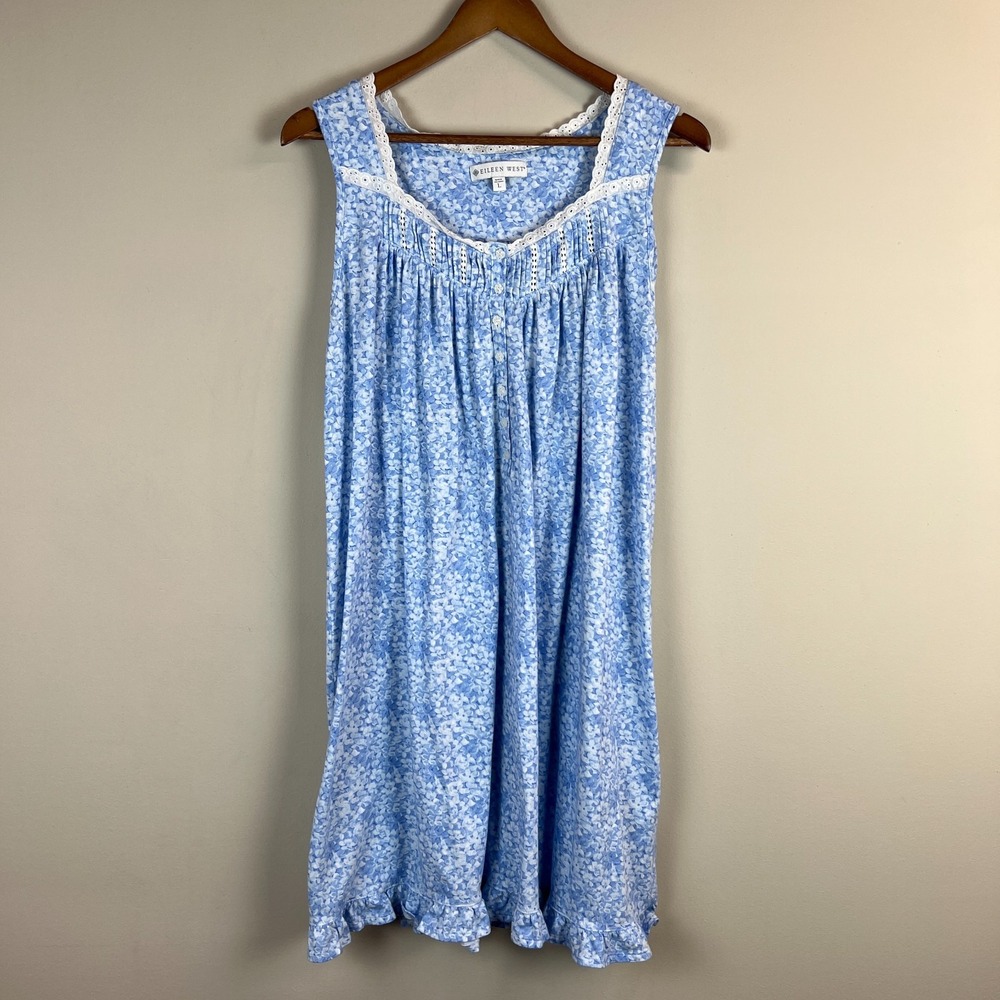 EILEEN WEST Sail Away Nightgown Chemise Large Blue Floral Cotton Knit Ruffle Hem